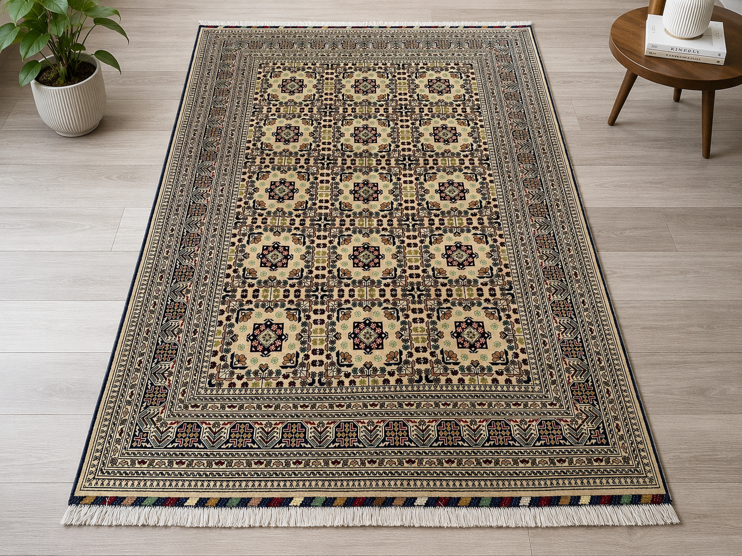 Vintage Persian Style Area Rug – Handmade Geometric Oriental Carpet in Cream & Navy