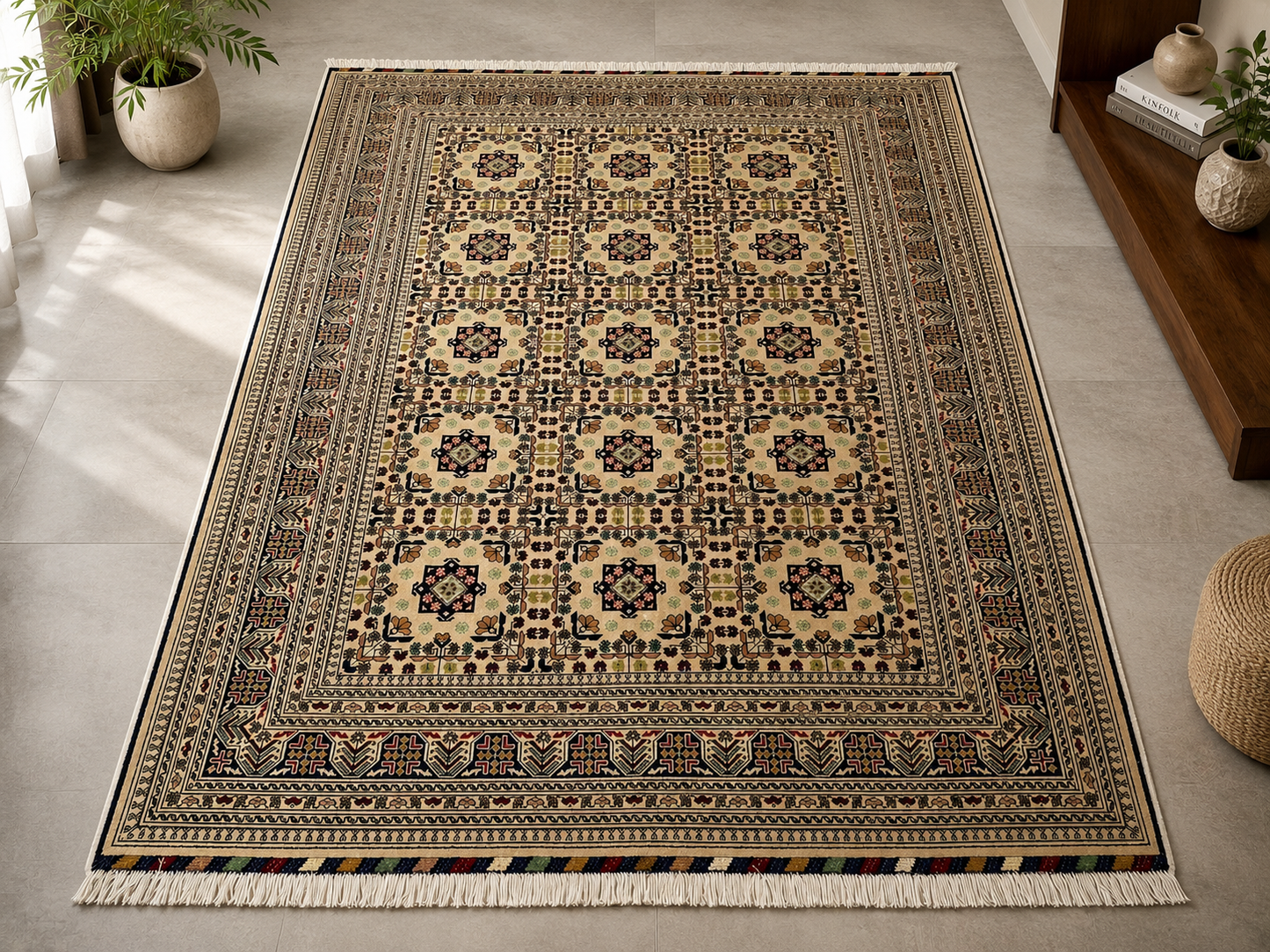 Vintage Persian Style Area Rug – Handmade Geometric Oriental Carpet in Cream & Navy