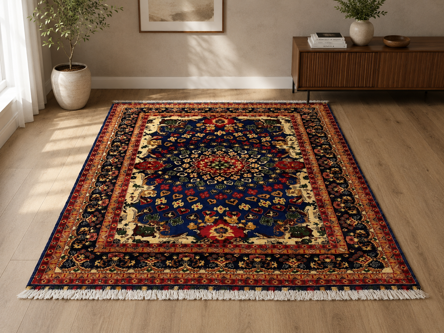 Traditional Persian Floral Area Rug – Navy Blue Oriental Design (200 x 300 cm)