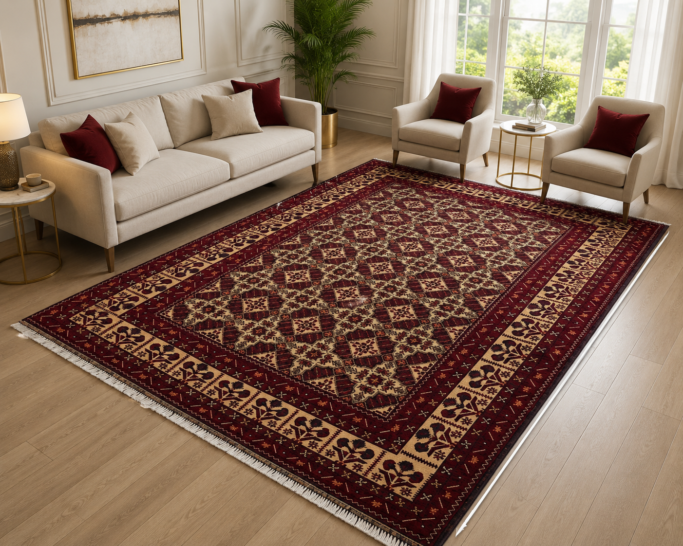 Traditional Persian Style Area Rug 200 x 300 cm – Burgundy Geometric Oriental Carpet