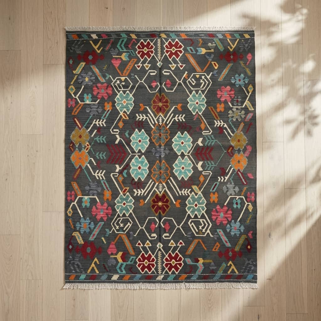 Midnight Garden Geometric Kilim Rug - Hand-Woven Wool |244×181|
