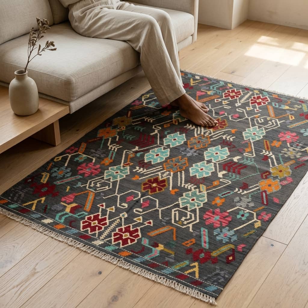 Midnight Garden Geometric Kilim Rug - Hand-Woven Wool |244×181|