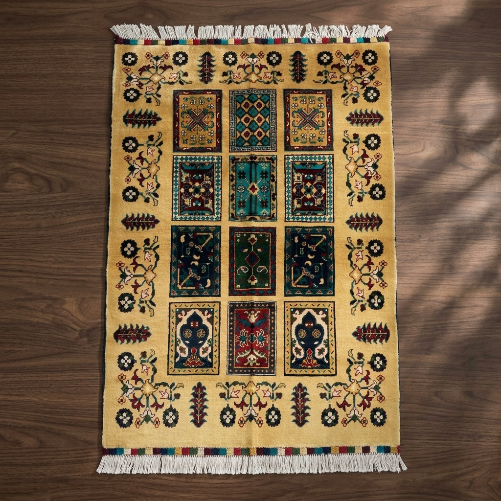 Authentic Afghan Geometric Panel Area carpet - Golden Beige & Jewel Tone Compartment (100x150 )