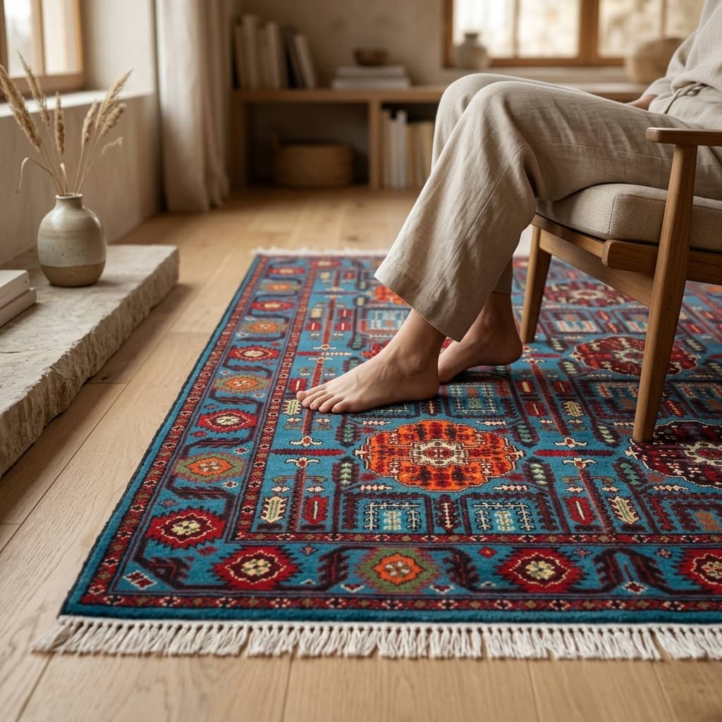 Hand-Knotted Afghan Tribal Carpet | 100 x 150 | Sapphire Blue & Crimson Geometric Motif