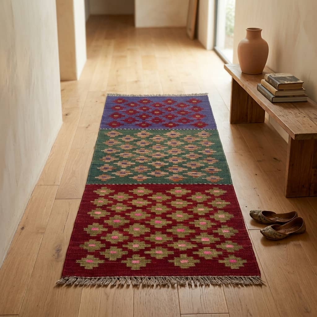 Tri-Color Block Geometric Kilim Runner |200×65|