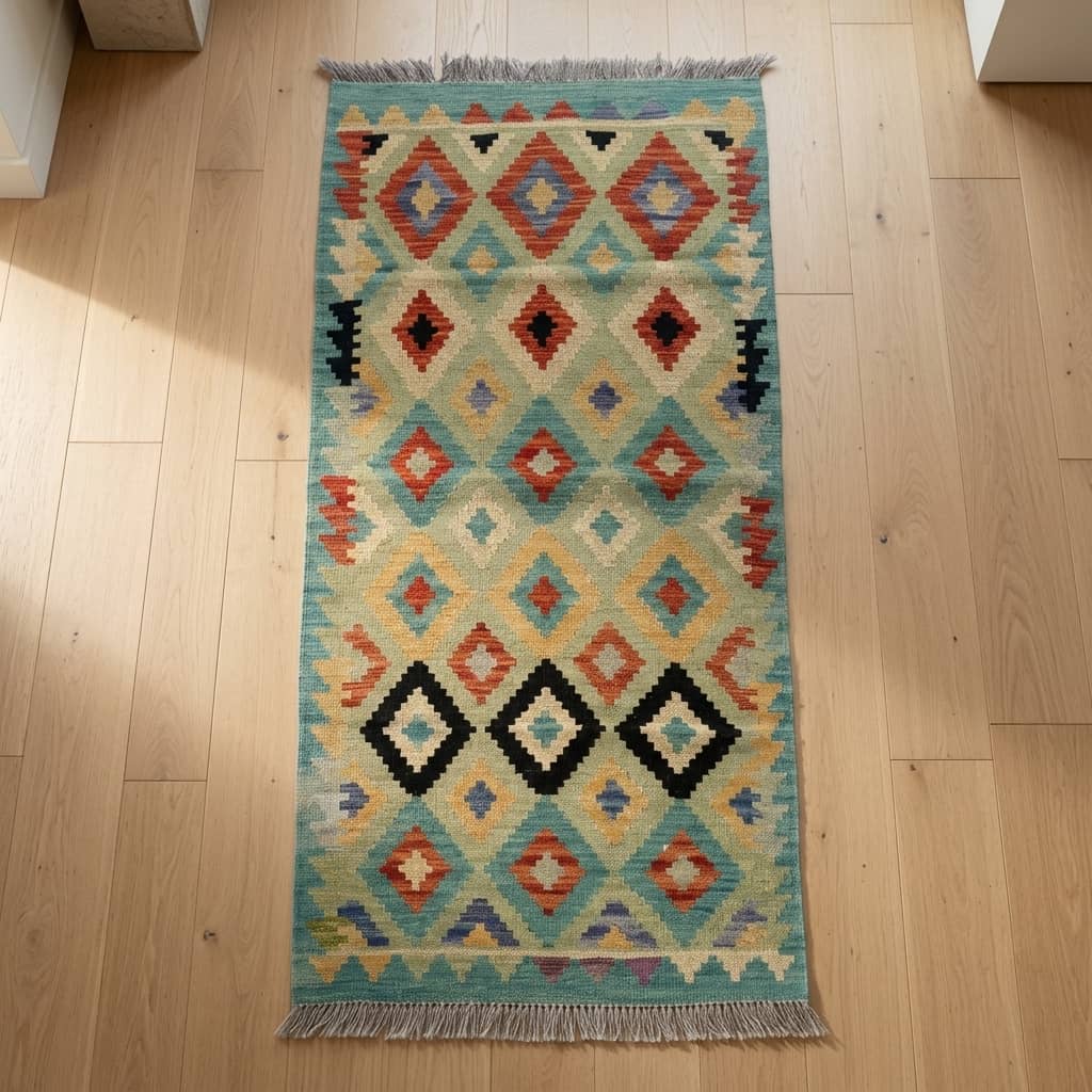 Verdant Lattice Geometric Kilim Rug |188×83|