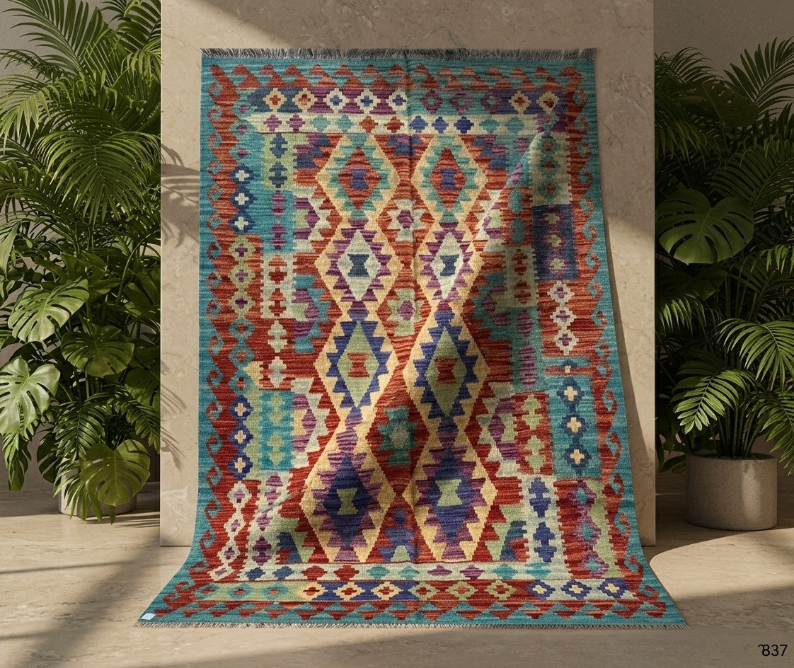 Artisan Geometric Kilim Wool Rug - Teal & Rust Tribal Flatweave (205×149)