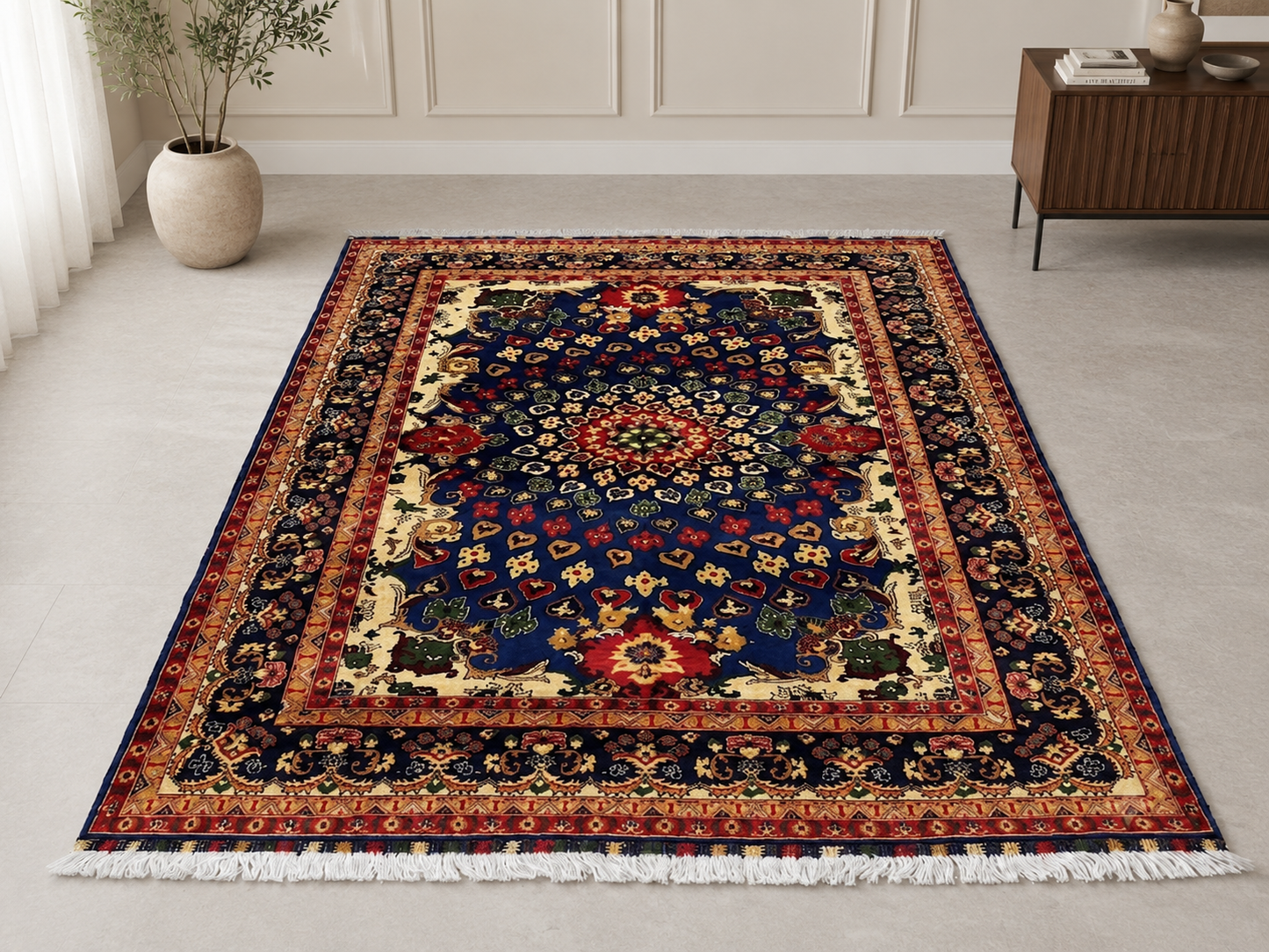 Traditional Persian Floral Area Rug – Navy Blue Oriental Design (200 x 300 cm)