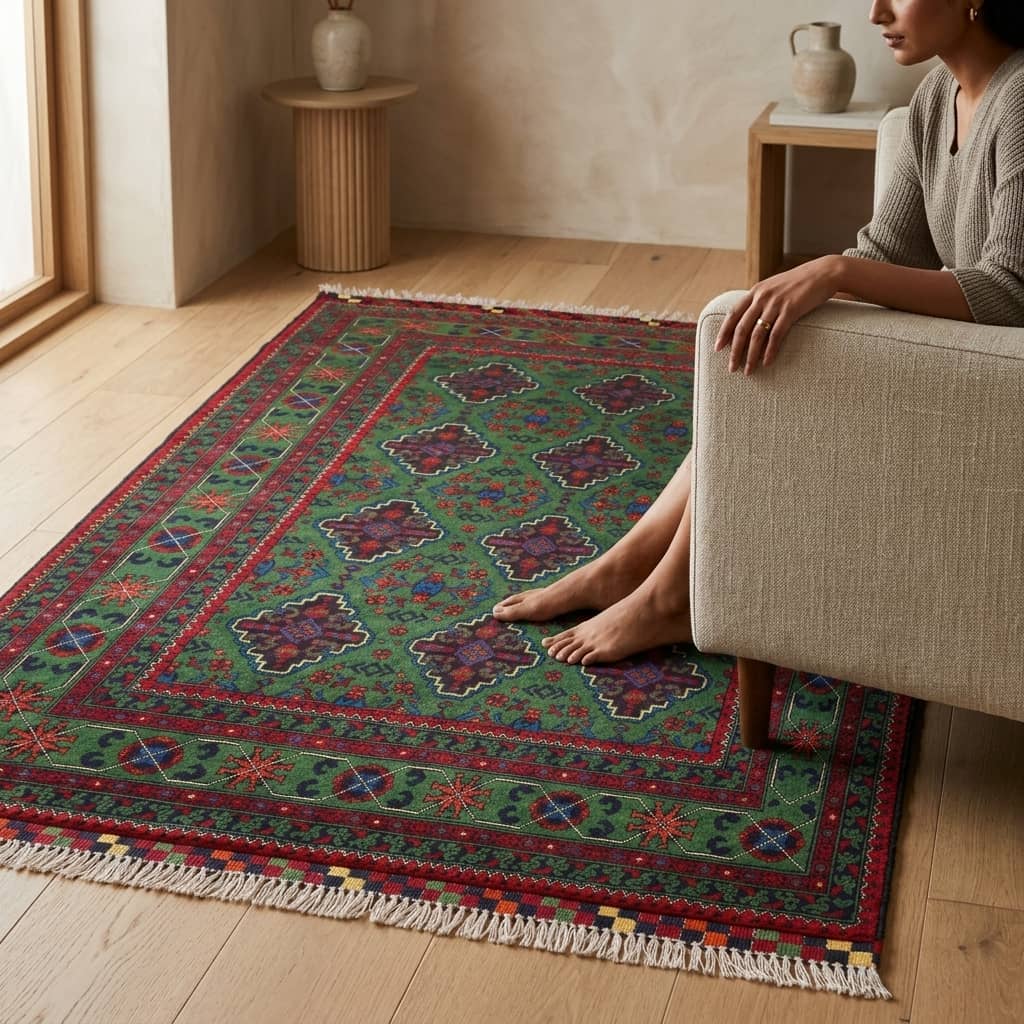 Emerald Lattice Geometric Afghan Carpet | 150 × 200 |