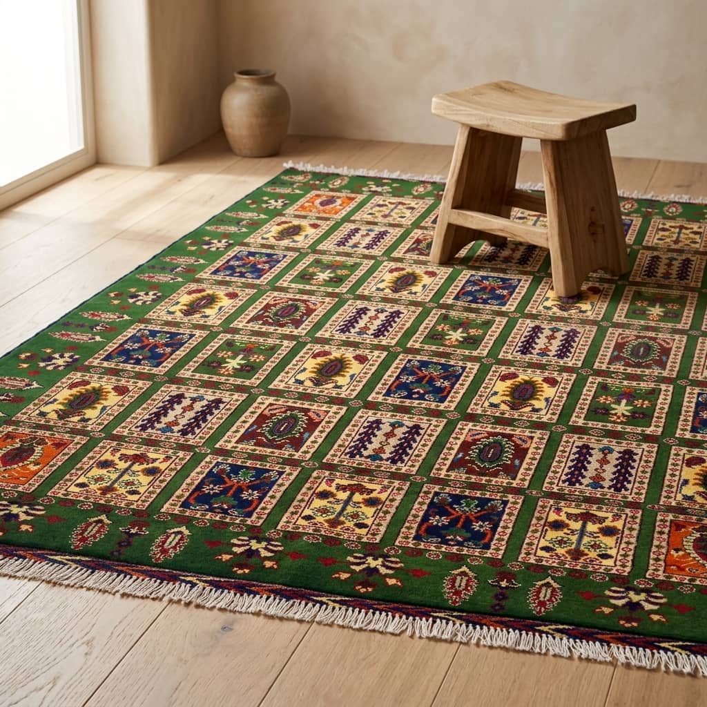Emerald Oasis Panel Garden Afghan Rug |150×2|