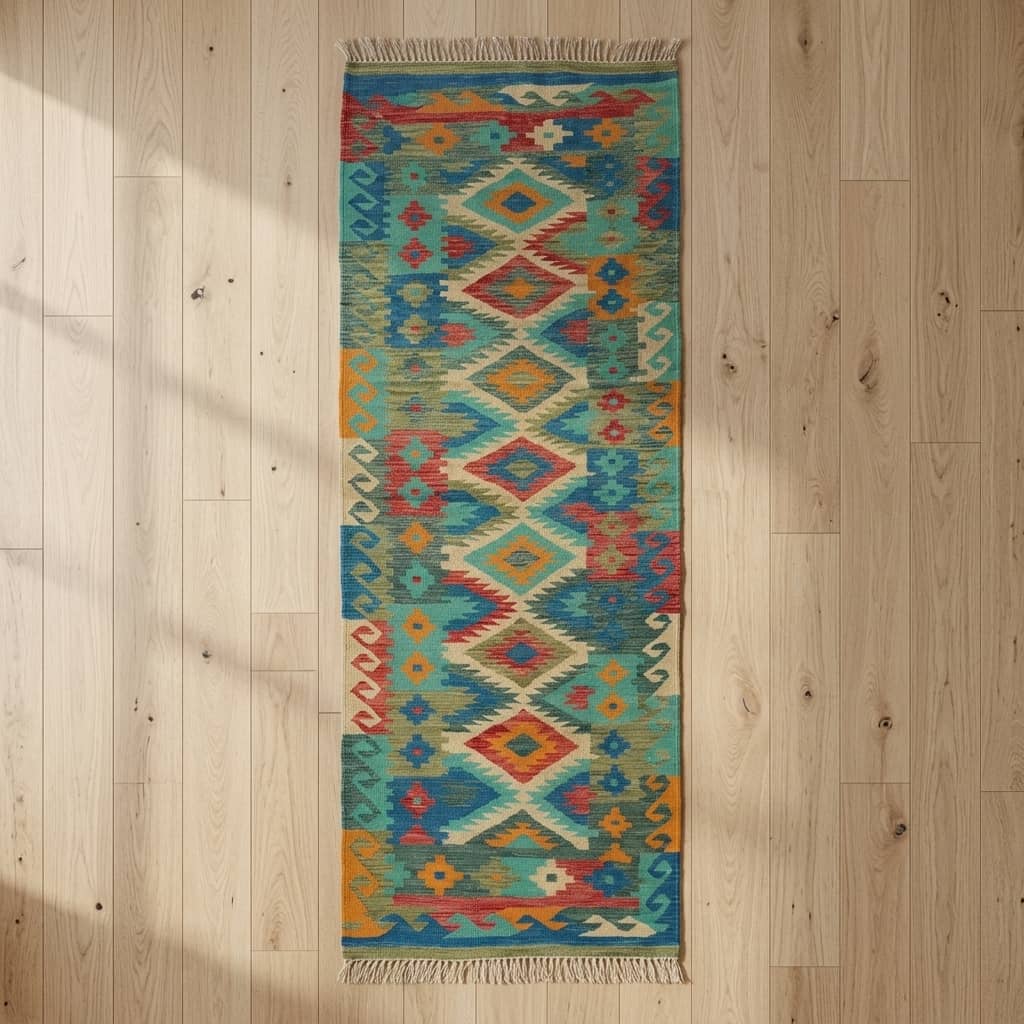 Azure Mosaic Geometric Kilim Runner |303×85|