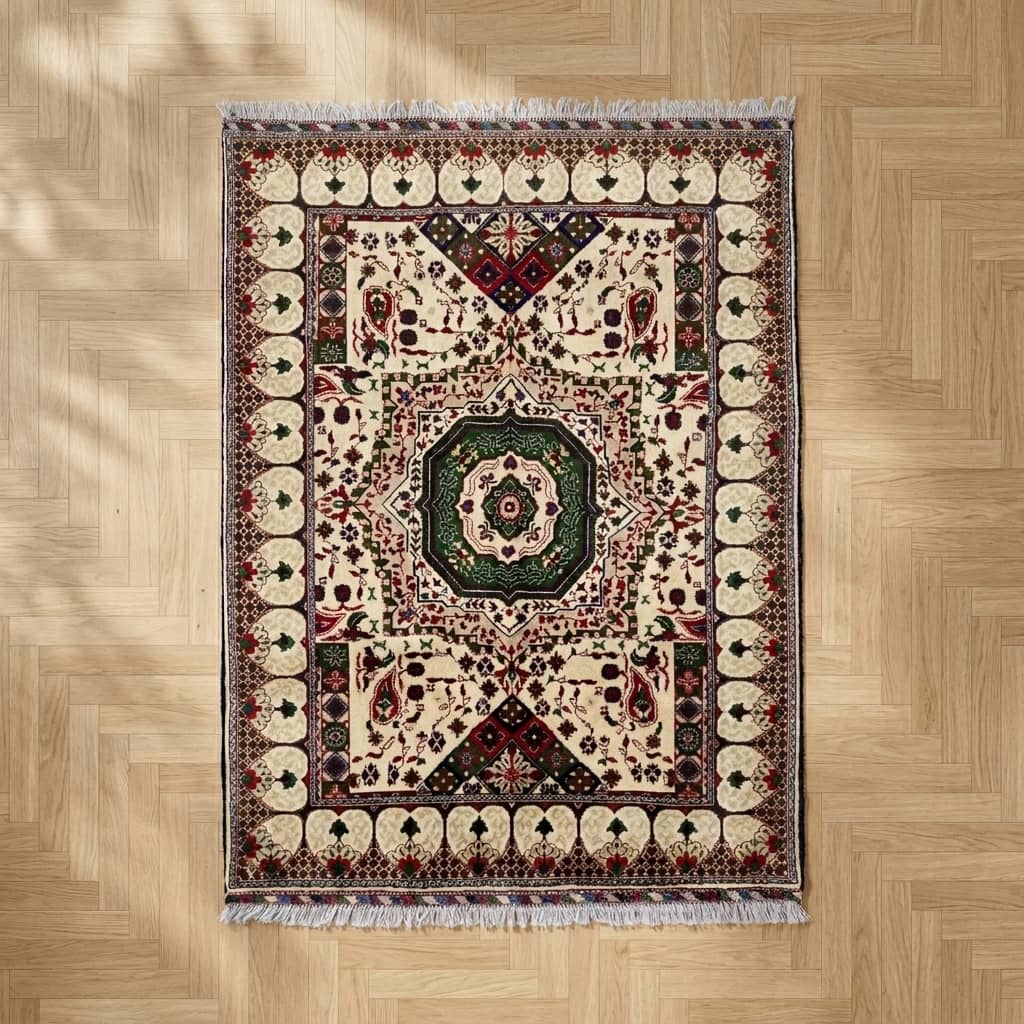 Hand-Knotted Afghan Floral Medallion Carpet | 150 x 200 | Cream Field with Emerald & Crimson Accents