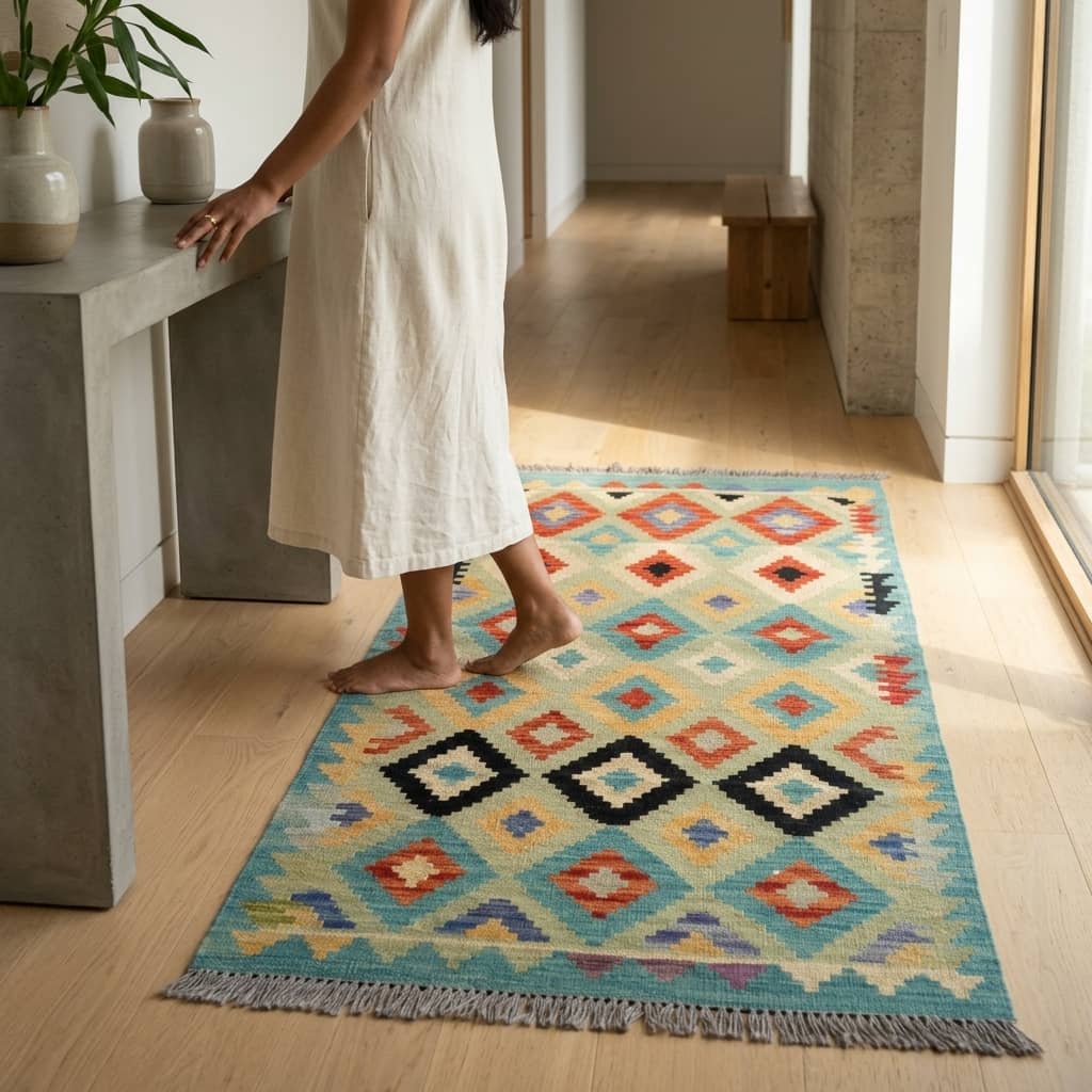 Verdant Lattice Geometric Kilim Rug |188×83|