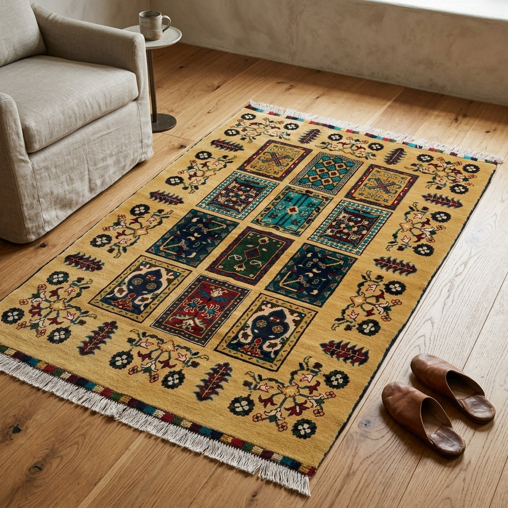 Authentic Afghan Geometric Panel Area carpet - Golden Beige & Jewel Tone Compartment (100x150 )