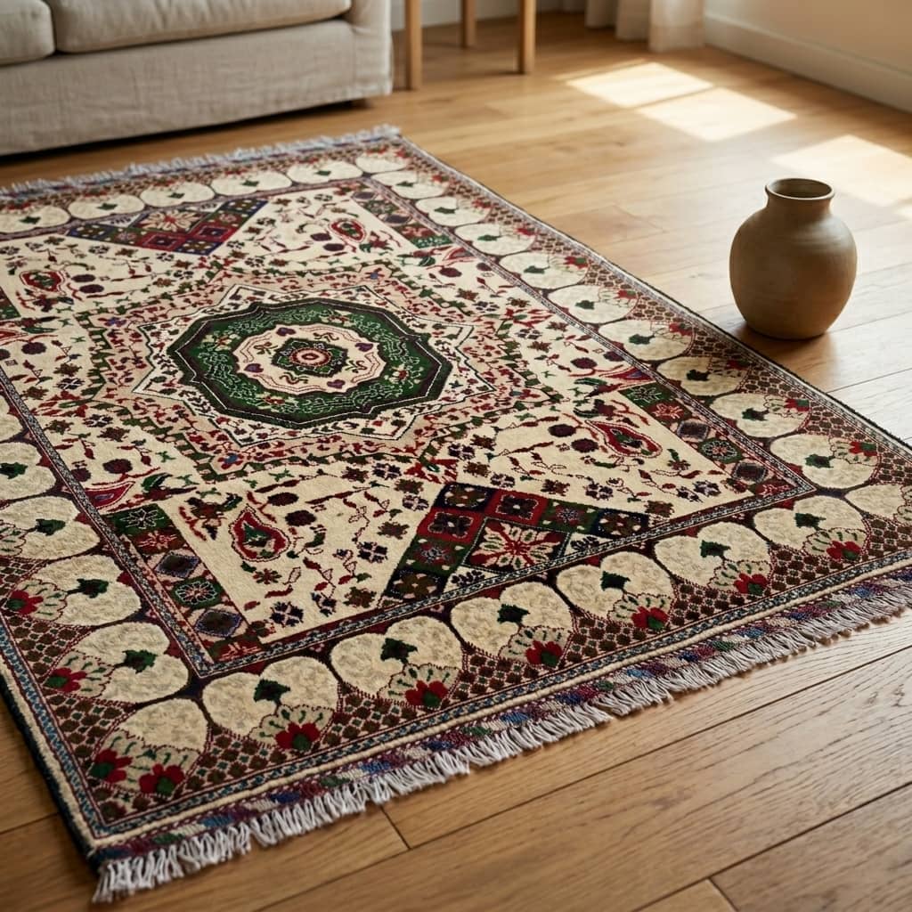 Hand-Knotted Afghan Floral Medallion Carpet | 150 x 200 | Cream Field with Emerald & Crimson Accents