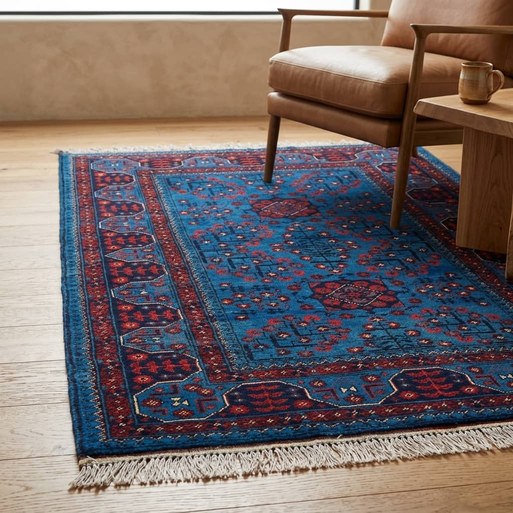 Azure Botanical Medallion Afghan Rug |100×150|