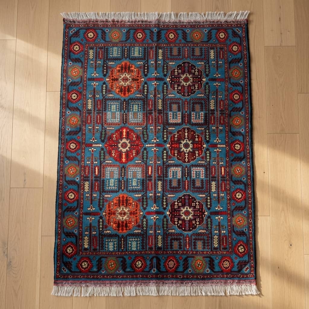 Hand-Knotted Afghan Tribal Carpet | 100 x 150 | Sapphire Blue & Crimson Geometric Motif